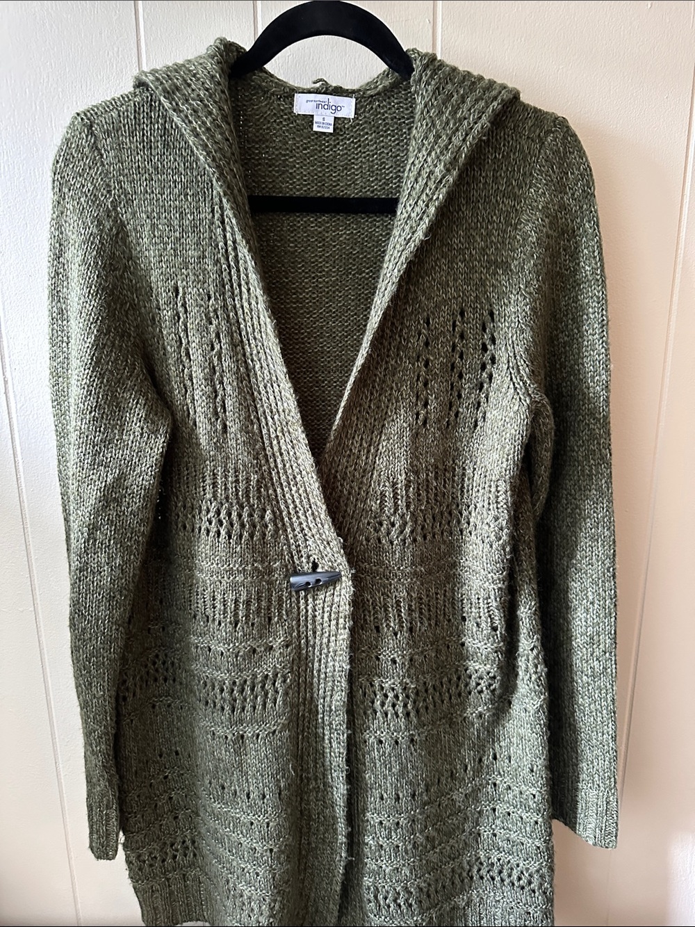 Indigo Olive Green Hooded Openwork Knit Cardigan